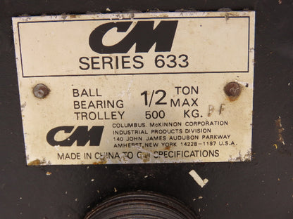 CM 633 Series 1/2 Ton Plain Type Manual Push Trolley 2-1/2"-5-5/8" Flange 1000Lb