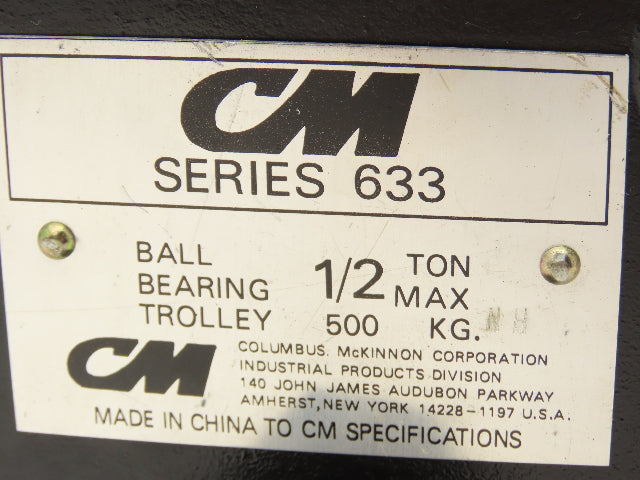 CM 633 Series 1/2 Ton Plain Type Manual Push Trolley 2-1/2"-5-5/8" Flange 1000Lb