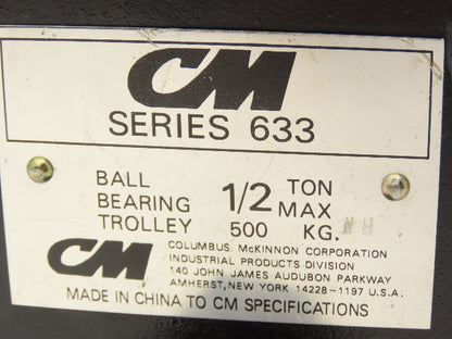 CM 633 Series 1/2 Ton Plain Type Manual Push Trolley 2-1/2"-5-5/8" Flange 1000Lb