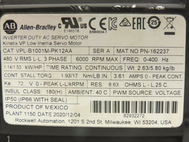 Allen Bradley VPL-B1001M-PK12AA AC Servo Motor 1.53Hp 6000rpm 480VAC 3PH