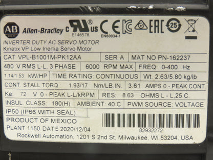 Allen Bradley VPL-B1001M-PK12AA AC Servo Motor 1.53Hp 6000rpm 480VAC 3PH