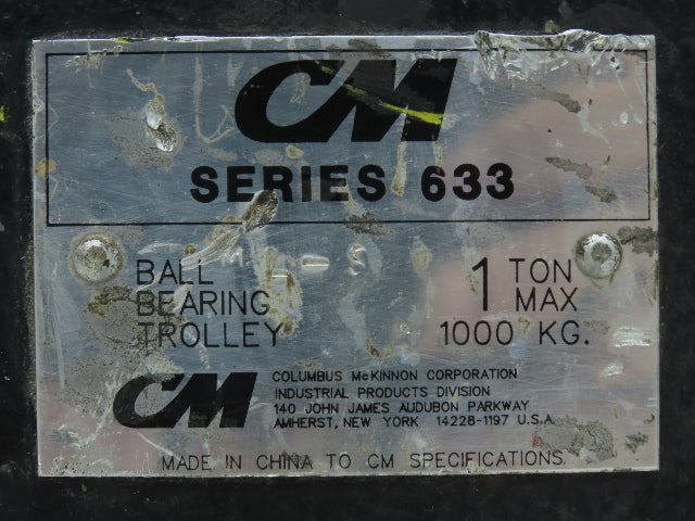 CM 633 Series 1 Ton Plain Type Manual Push Trolley 3"-8" Beam Flange 2000Lb