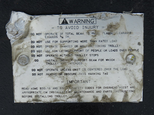CM 633 Series 1 Ton Plain Type Manual Push Trolley 3"-8" Beam Flange 2000Lb