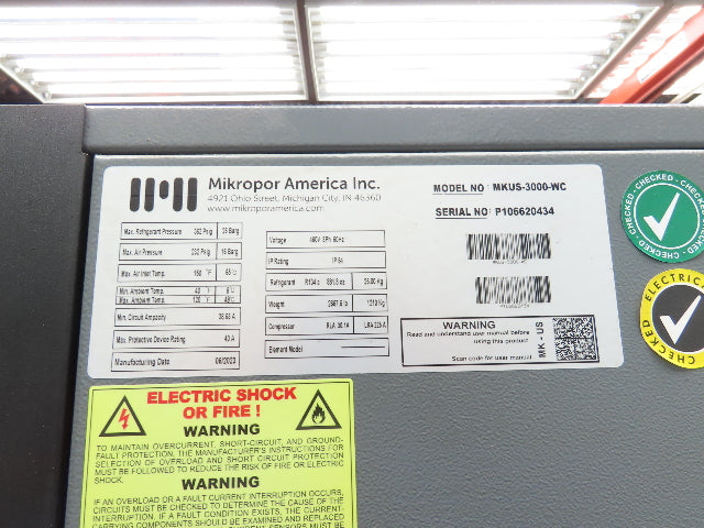 Mikropor MKUS3000 Refrigerated Compress Air Dryer 460V 3Ph ESD-3 Digital Cycle
