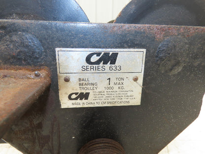 CM 633 Series 1 Ton Plain Manual Push Trolley 3"-8" Beam 2000Lb w/Hanger Plates