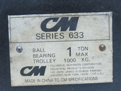 CM 633 Series 1 Ton Plain Type Manual Push Trolley 3"-8" Beam Flange 2000Lb