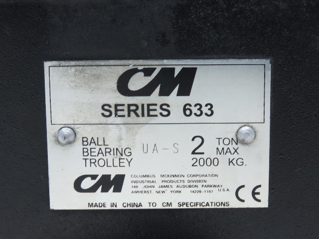 CM Series 633  2-Ton Plain Type Manual Push Trolley 3-5/8"- 8" Beam 4000Lb