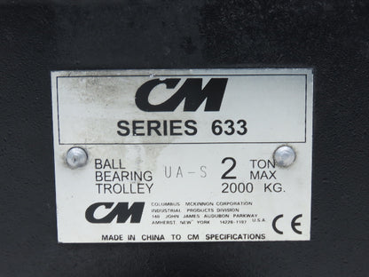 CM Series 633  2-Ton Plain Type Manual Push Trolley 3-5/8"- 8" Beam 4000Lb