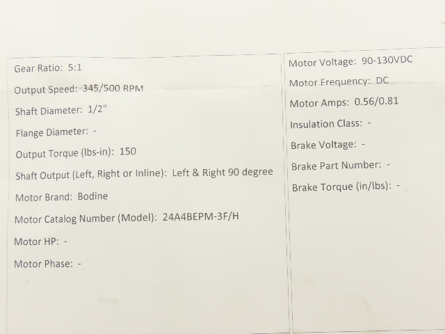 Bodine 24A4BEPM-3F/H DC Gearmotor 90-130VDC 5:1 Reducer 345/500 RPM Dual Shaft