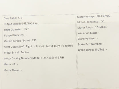 Bodine 24A4BEPM-3F/H DC Gearmotor 90-130VDC 5:1 Reducer 345/500 RPM Dual Shaft