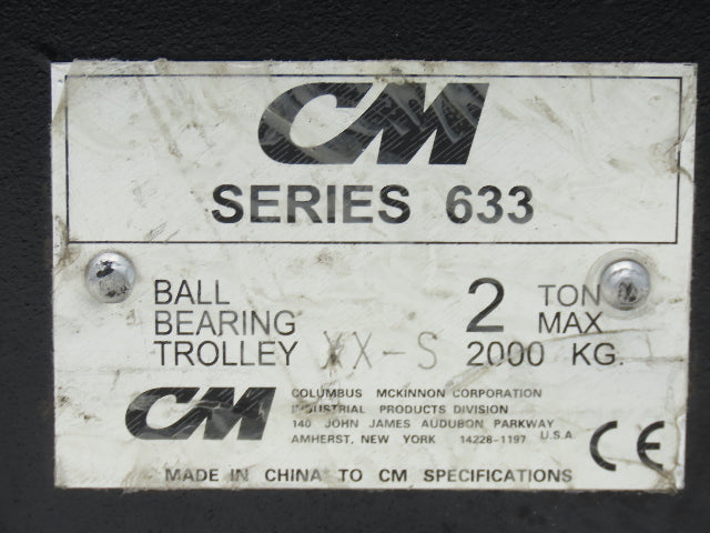 CM Series 633  2-Ton Plain Manual Push Trolley 3-5/8"- 8" Beam 4000Lb -No Hanger
