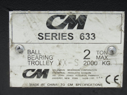 CM Series 633  2-Ton Plain Manual Push Trolley 3-5/8"- 8" Beam 4000Lb -No Hanger