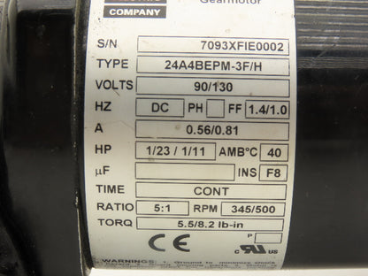Bodine 24A4BEPM-3F/H DC Gearmotor 90-130VDC 5:1 Reducer 345/500 RPM Dual Shaft