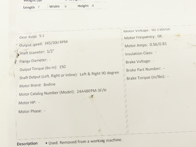 Bodine 24A4BEPM-3F/H DC Gearmotor 90-130VDC 5:1 Reducer 345/500 RPM Dual Shaft