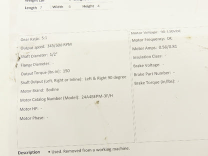 Bodine 24A4BEPM-3F/H DC Gearmotor 90-130VDC 5:1 Reducer 345/500 RPM Dual Shaft
