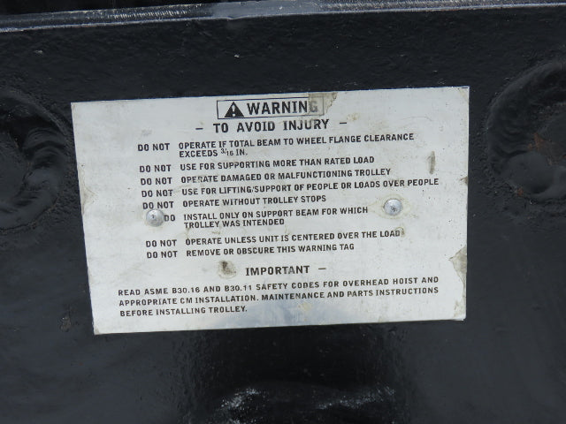CM Series 633  3-Ton Plain Type Manual Push Trolley 4"-8" Beam 6000Lb