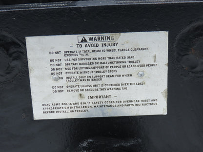CM Series 633  3-Ton Plain Type Manual Push Trolley 4"-8" Beam 6000Lb