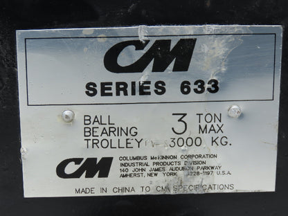 CM Series 633  3-Ton Plain Type Manual Push Trolley 4"-8" Beam 6000Lb