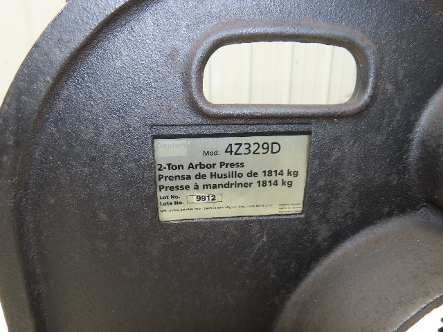 Dayton No 2 Bench Top Arbor Press 2 Ton 7.5" Throat 12" Stroke 4Z329D
