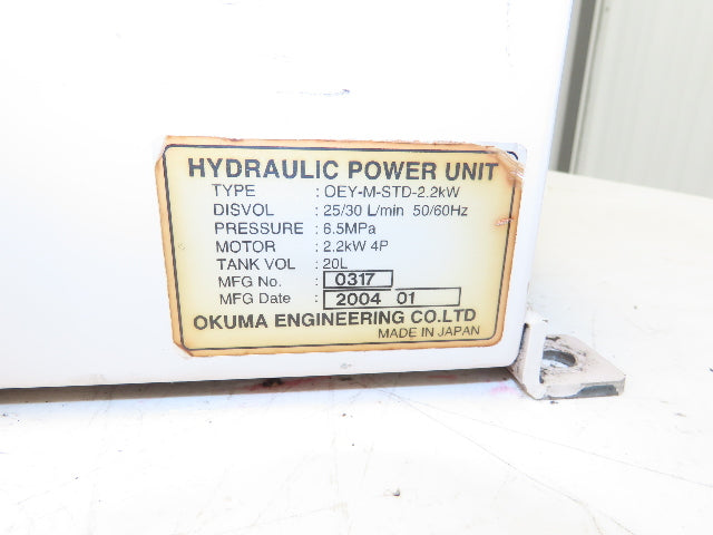 Okuma OEY-M-STD-2.2KW Lathe Hydraulic Power Unit 30L/Min 20L Tank Tokimec Valve