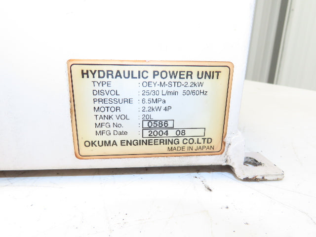 Okuma OEY-M-STD-2.2KW Lathe Hydraulic Power Unit 30L/Min 20L Tank Tokimec Valve