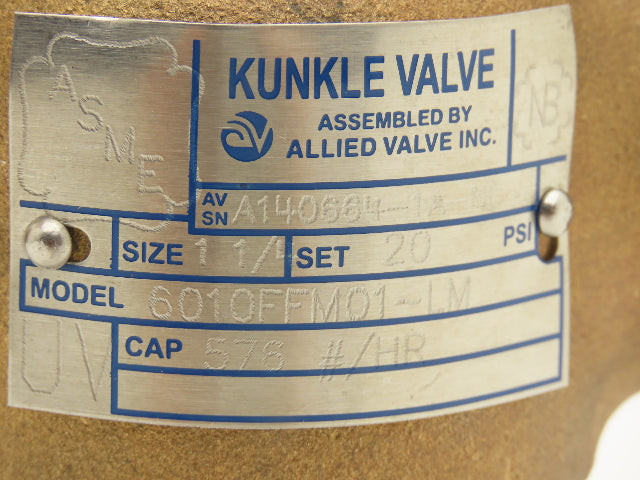 Kunkle 6010FFM01-LM Pressure Relief Safety Valve 1-1/4" Male NPT Set 20psi Brass