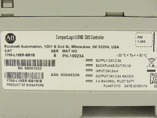 Allen Bradley 1769-L18ER-BB1B CompactLogix Controller PLC Input Output Ser B