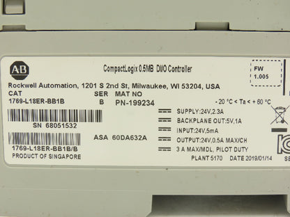Allen Bradley 1769-L18ER-BB1B CompactLogix Controller PLC Input Output Ser B