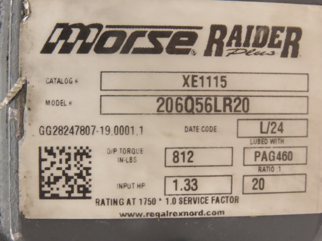 Morse Raider 206Q56LR20 Worm Gearbox 20:1 Reducer 1.33Hp 87.5rpm 56C LH Output