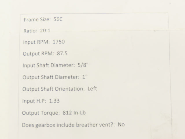 Morse Raider 206Q56LR20 Worm Gearbox 20:1 Reducer 1.33Hp 87.5rpm 56C LH Output