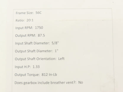 Morse Raider 206Q56LR20 Worm Gearbox 20:1 Reducer 1.33Hp 87.5rpm 56C LH Output