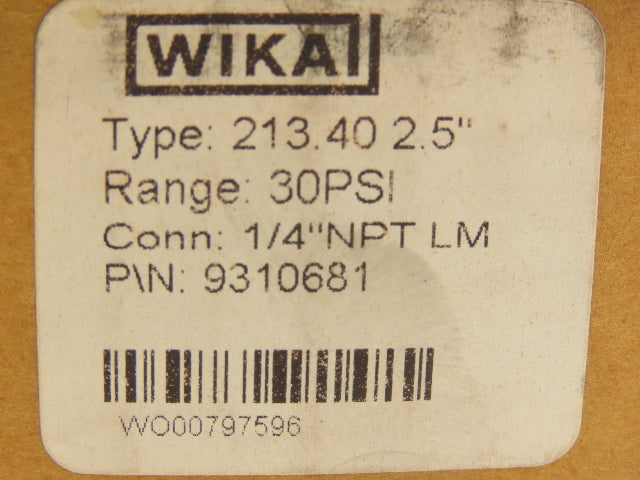 Wika 9310681 Liquid Filled Brass Pressure Gauge 0-30PSI 1/4"NPT