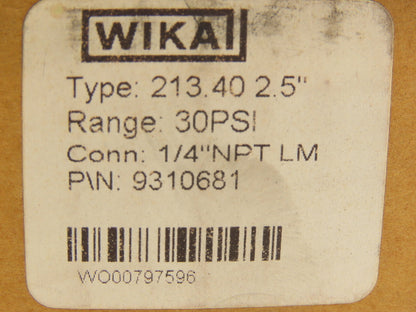 Wika 9310681 Liquid Filled Brass Pressure Gauge 0-30PSI 1/4"NPT