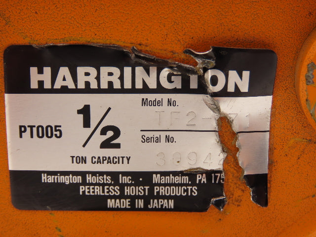 Harrington TF2  1/2-Ton Plain Type Manual Push Trolley 8" Beam Flange 1000Lb