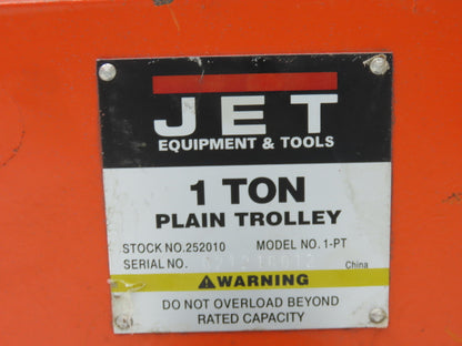 Jet 1-PT 2200Lb 1-Ton Manual Plain Push Trolley 3"-8" Beam Flange
