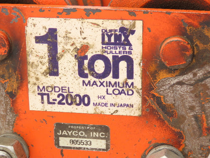 Duff Lynx TL-2000 1-Ton Manual Plain Push Trolley 3"-7" Beam Flange 2000Lb