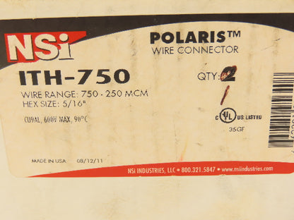 Polaris ITH-750 Insulated Tap Connector 2-Wire 750-250 Mcm 1/0 AWG 600V