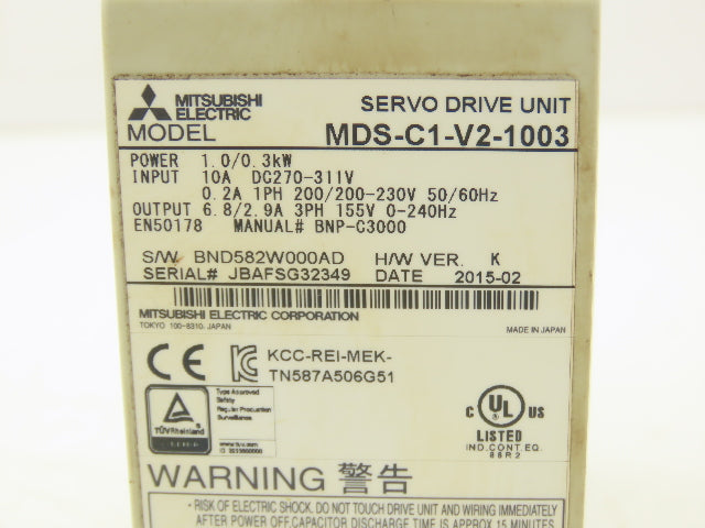 Mitsubishi MDS-C1-V2-1003 Servo Drive 1.0kW 155V 3Ph 6.8A 0-240Hz Out 10A DC In