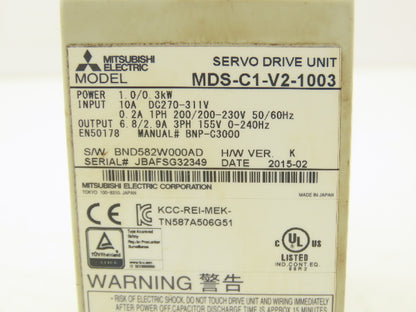 Mitsubishi MDS-C1-V2-1003 Servo Drive 1.0kW 155V 3Ph 6.8A 0-240Hz Out 10A DC In