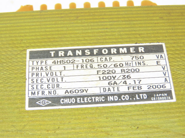 Chuo 4H502-106 Power Control Transformer 750VA 1-Phase HV200-220 LV 100/36V