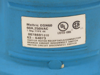 Meltric DSN60 Female Receptacle Plug 60A 3P+G 250VAC 3PH 7.5Hp Switch Rated 4X