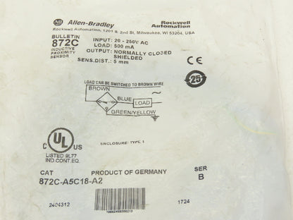 Allen Bradley 872C-A5C18-A2 Proximity Sensor Switch 2M Cable 20-250VAC Ser B
