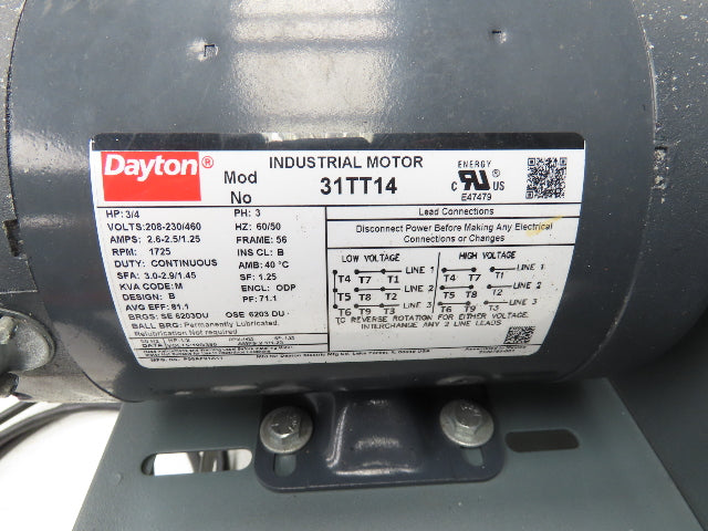 Dayton 2C890 HVAC Duct Blower 10" Fan 1510CFM 3/4Hp 3Ph Motor Squirrel Cage