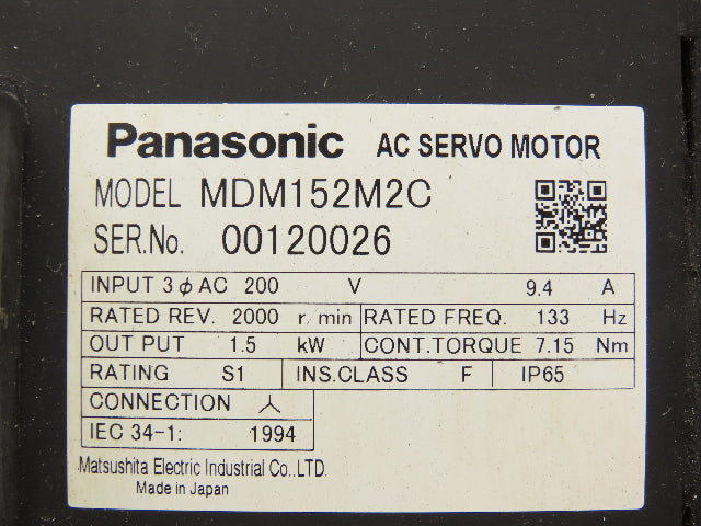 Panasonic MDM152M2C AC Servo Motor 1.5kw 2000 RPM 200V 3PH