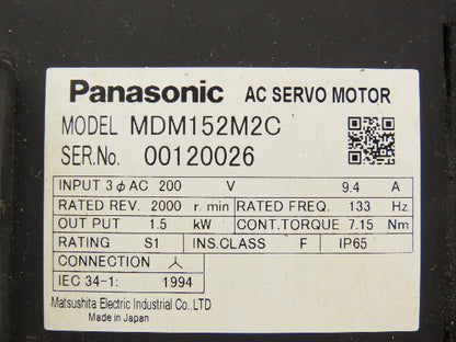 Panasonic MDM152M2C AC Servo Motor 1.5kw 2000 RPM 200V 3PH