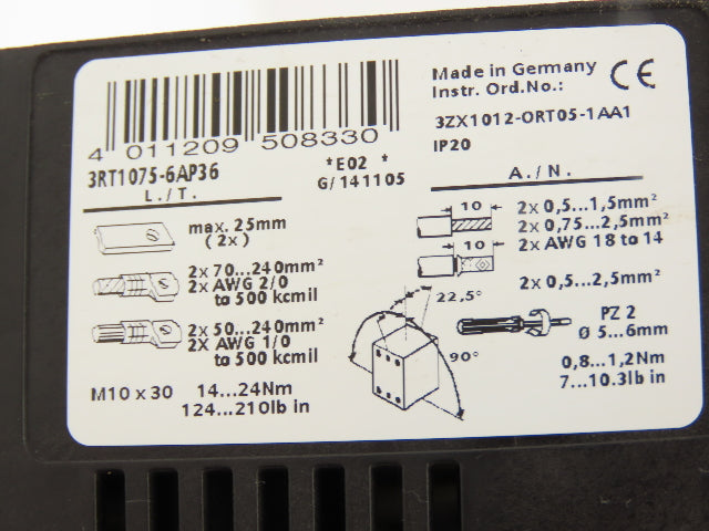 Siemens 3RT1075-6AP36 Sirius Motor Starter Contactor 400A 1000VAC 3 Pole 240V
