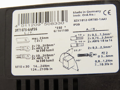 Siemens 3RT1075-6AP36 Sirius Motor Starter Contactor 400A 1000VAC 3 Pole 240V