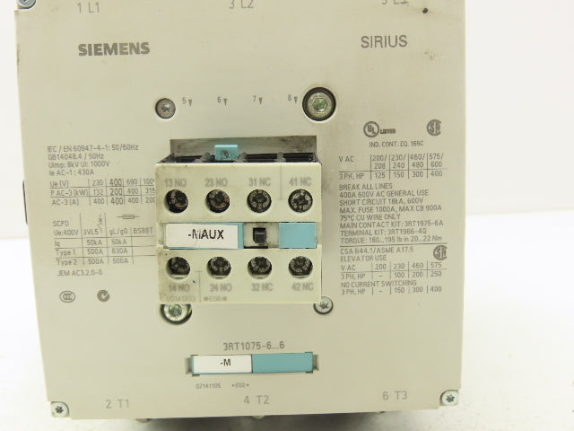 Siemens 3RT1075-6AP36 Sirius Motor Starter Contactor 400A 1000VAC 3 Pole 240V