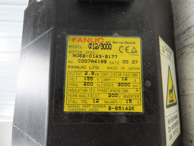 Fanuc A06B-0143-B177 AC Servo Motor 2.85kW 155V 3000 RPM 12A 3PH