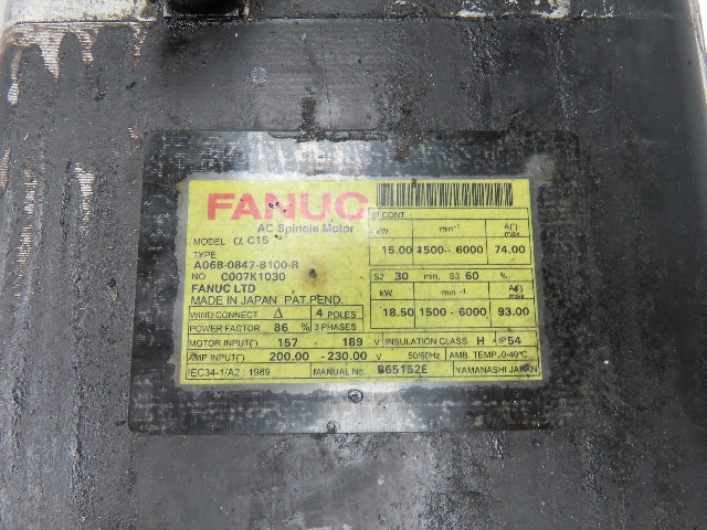 Fanuc A06B-0847-B100-R AC Spindle Motor 18.5kW 6000rpm 157-189VAC 3ph